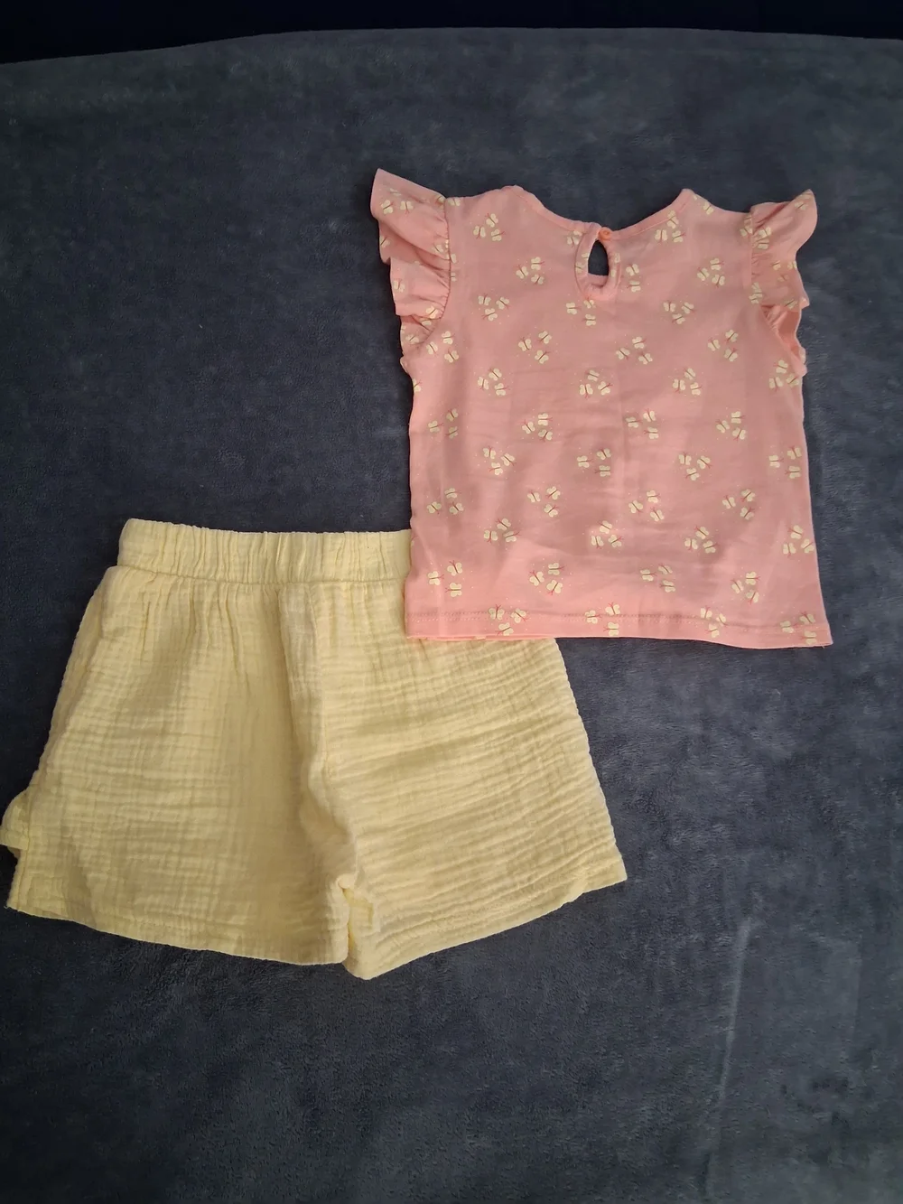 Girls Pink Butterfly Top & Yellow Ruffle Shorts Matching Set